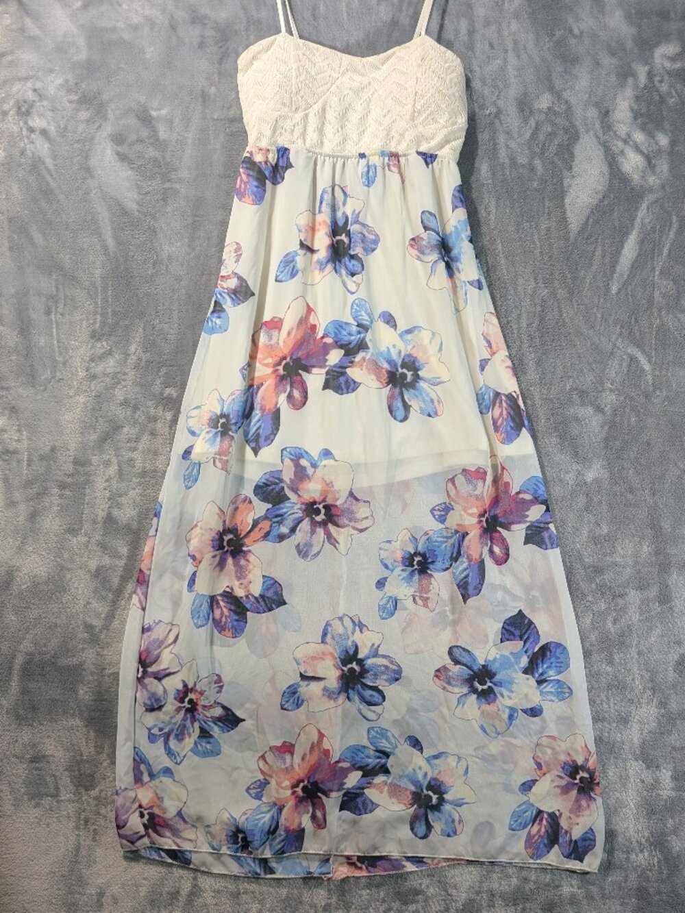 J for Justify Cream Crochet Lace Watercolor Floral Cutout Back Boho Maxi Dress M